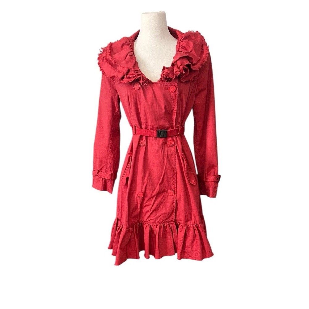 Sinclaire 10 Red Double Breasted Ruffle Collar Belted Trench Coat Women's 8 Goth